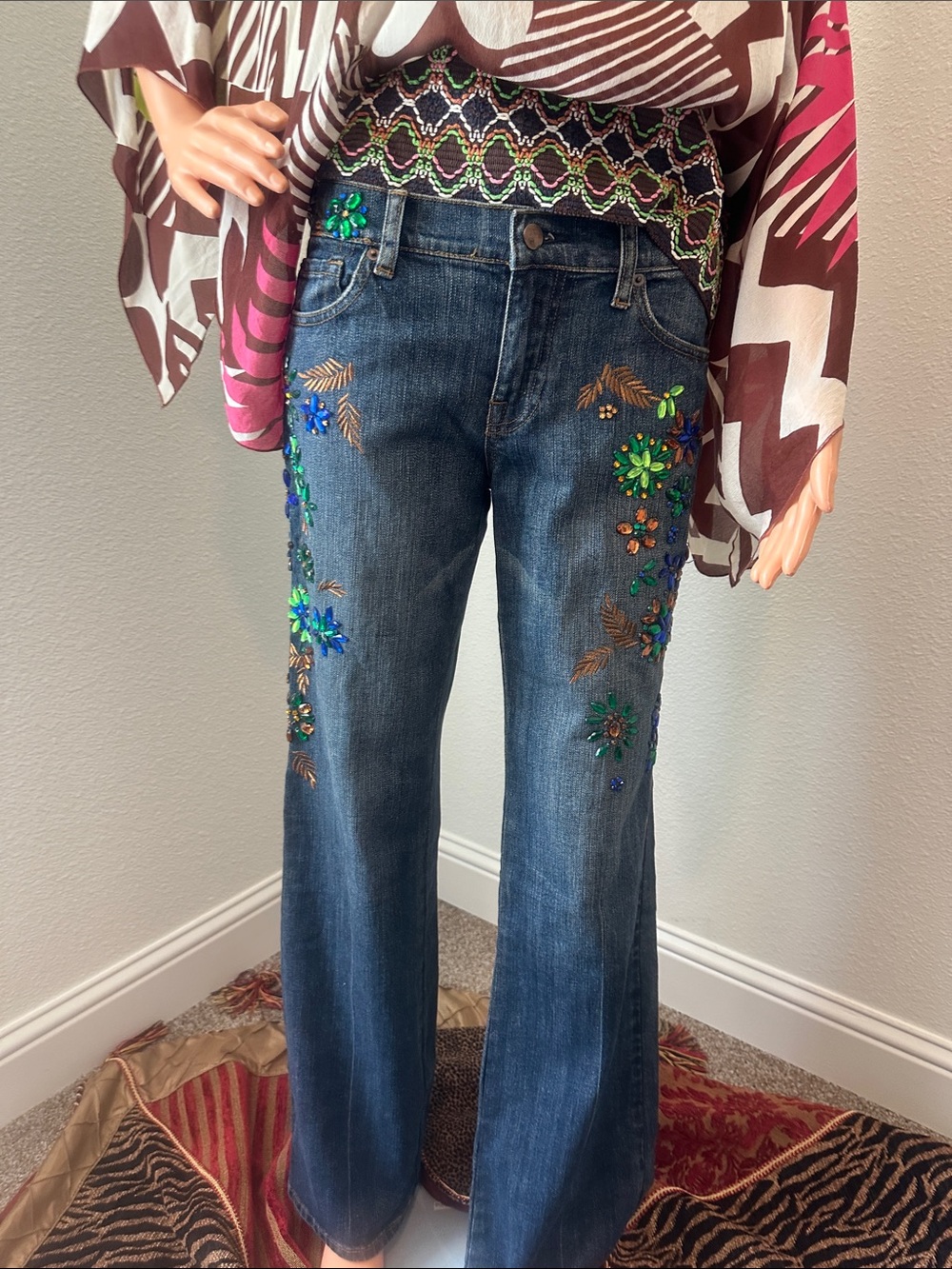 ARDEN B Dark Blue Jeans with Multicolored Floral Sequin Embellishment